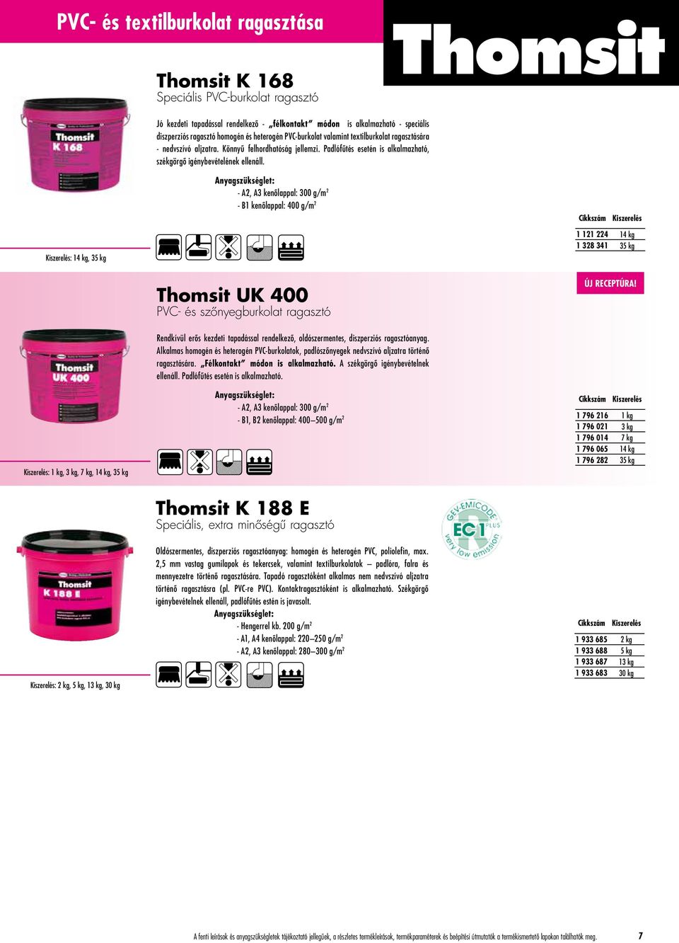 - A2, A3 kenôlappal: 300 g/m 2 - B1 kenôlappal: 400 g/m 2 : 14 kg, 35 kg 1 121 224 14 kg 1 328 341 35 kg Thomsit UK 400 PVC- és szônyegburkolat ragasztó ÚJ RECEPTÚRA!