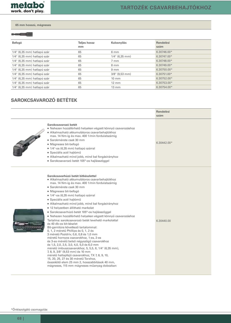 00* 1/4" (6,35 ) hatlapú szár 65 6.30752.00* 1/4" (6,35 ) hatlapú szár 65 12 6.30753.00* 1/4" (6,35 ) hatlapú szár 65 13 6.30754.