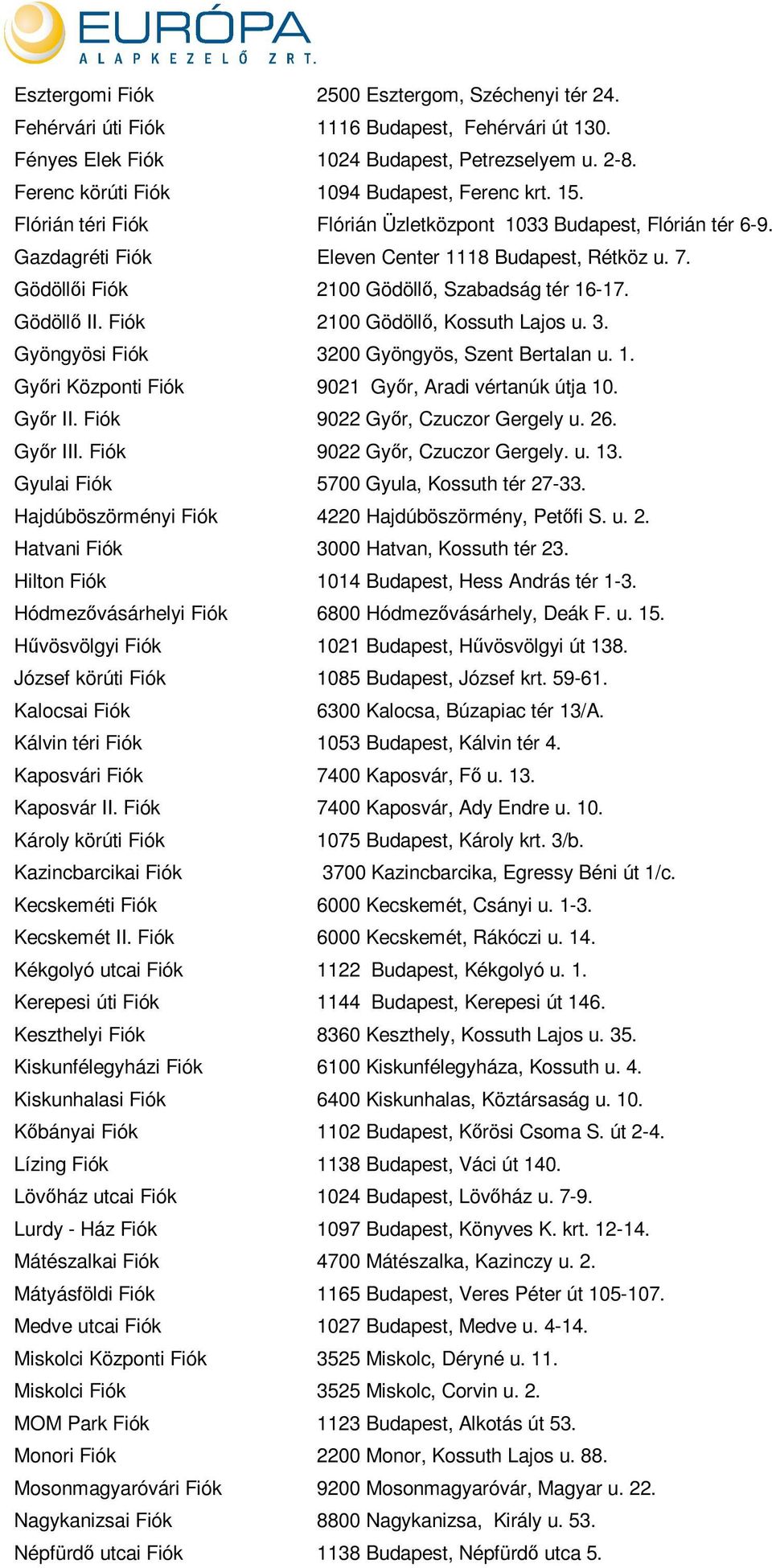 Fiók 2100 Gödöllı, Kossuth Lajos u. 3. Gyöngyösi Fiók 3200 Gyöngyös, Szent Bertalan u. 1. Gyıri Központi Fiók 9021 Gyır, Aradi vértanúk útja 10. Gyır II. Fiók 9022 Gyır, Czuczor Gergely u. 26.