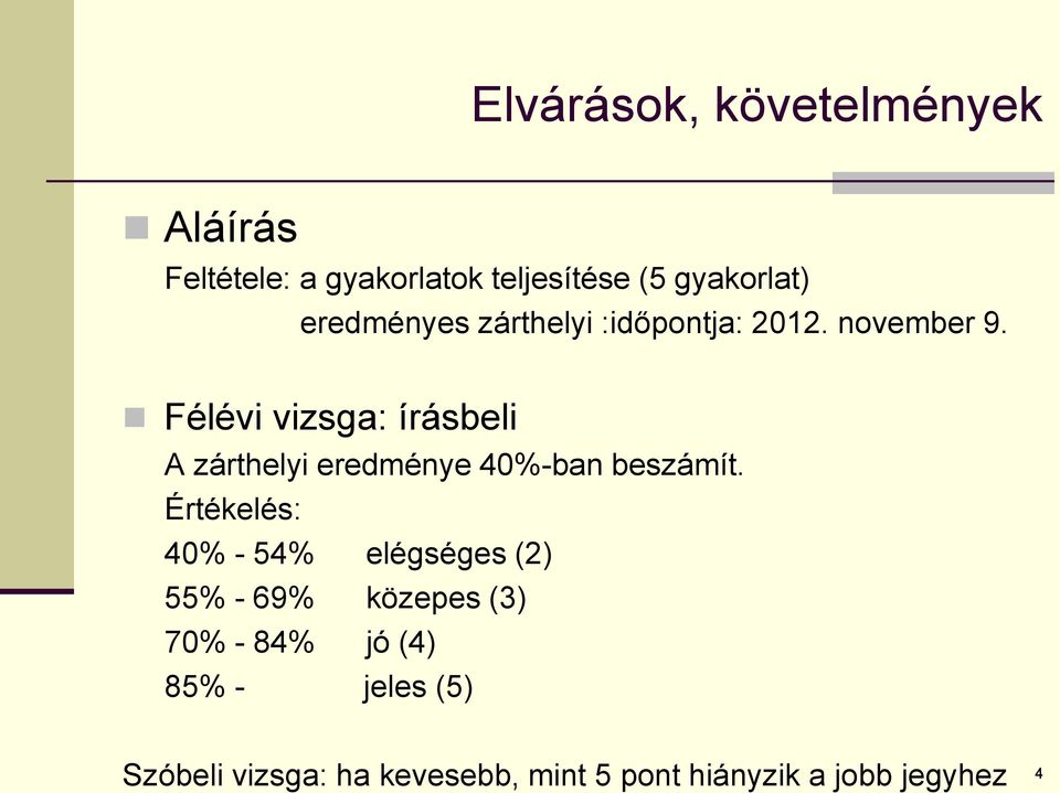 Félévi vizsga: írásbeli A zárthelyi eredménye 40%-ban beszámít.