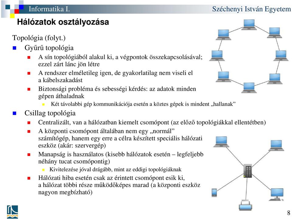 probléma és sebességi kérdés: az adatok minden gépen áthaladnak Két távolabbi gép kommunikációja esetén a köztes gépek is mindent hallanak Csillag topológia Centralizált, van a hálózatban kiemelt