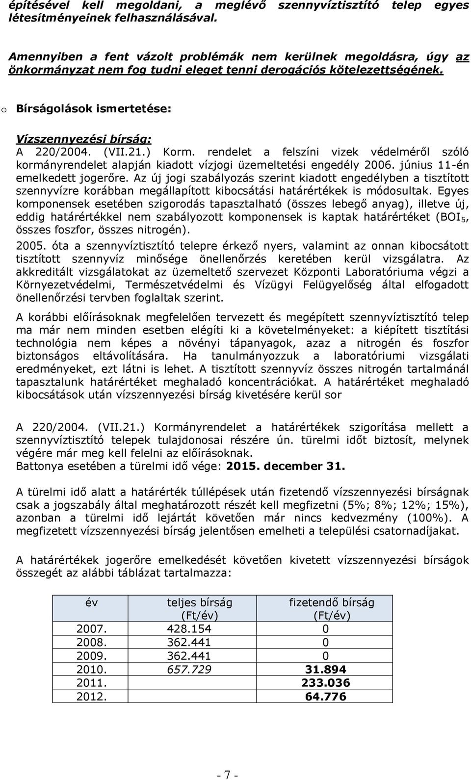 (VII.21.) Korm. rendelet a felszíni vizek védelméről szóló kormányrendelet alapján kiadott vízjogi üzemeltetési engedély 2006. június 11-én emelkedett jogerőre.