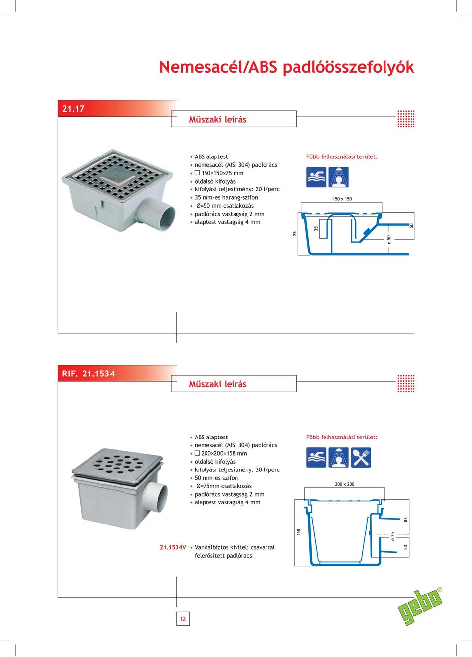 harang-szifon Ø=50 mm csatlakozás padlórács vastagság 2 mm alaptest vastagság 4 mm RIF. 21.