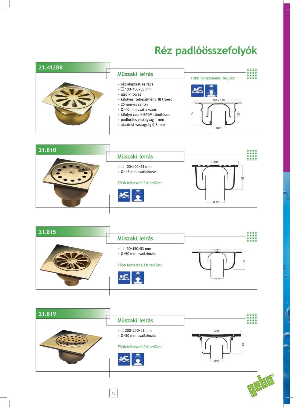 szifon Ø=40 mm csatlakozás kifolyó csonk EPDM tömítéssel padlórács vastagság 1 mm