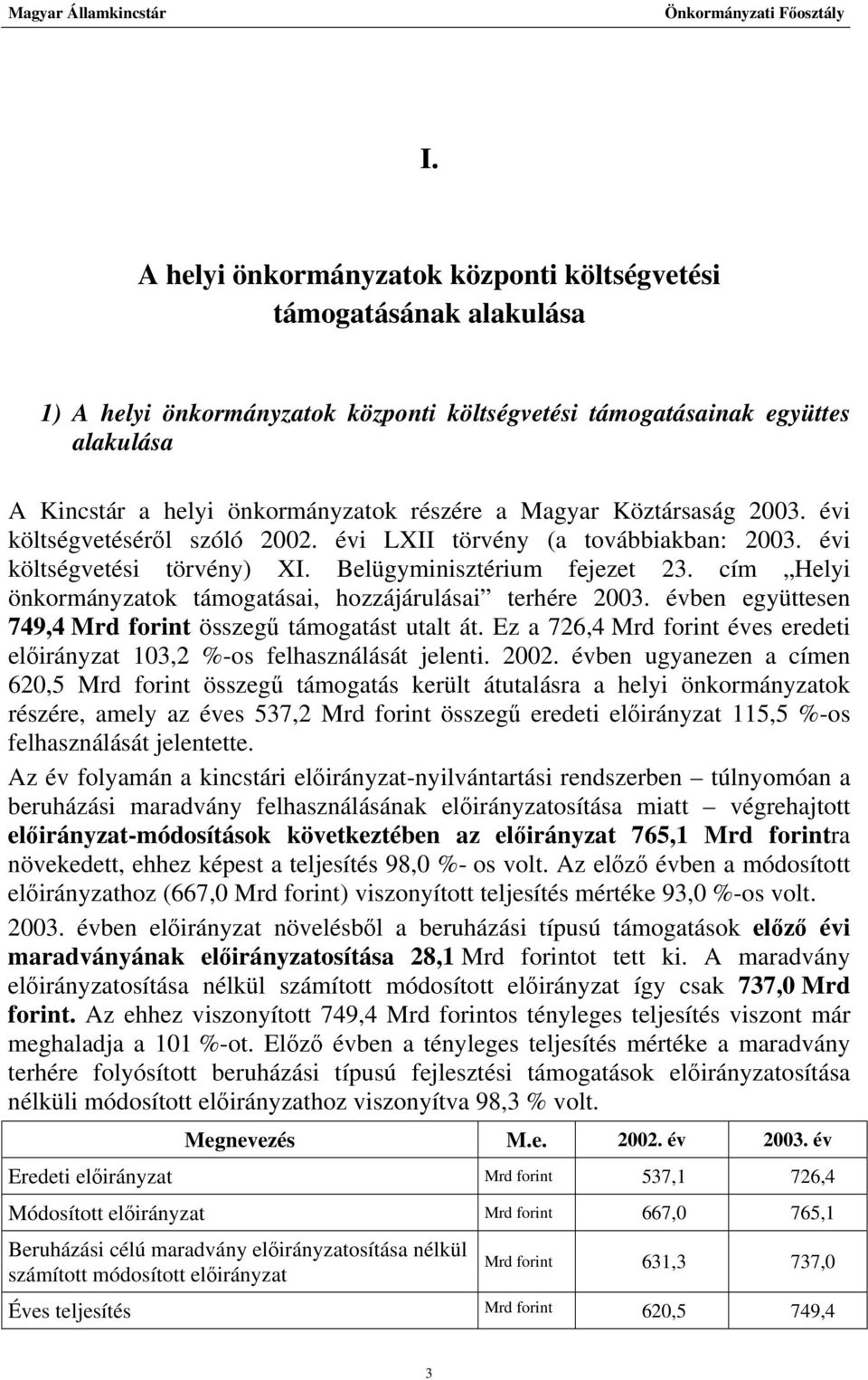 cím Helyi önkormányzatok támogatásai, hozzájárulásai terhére 2003. évben együttesen 749,4 Mrd forint összegű támogatást utalt át.