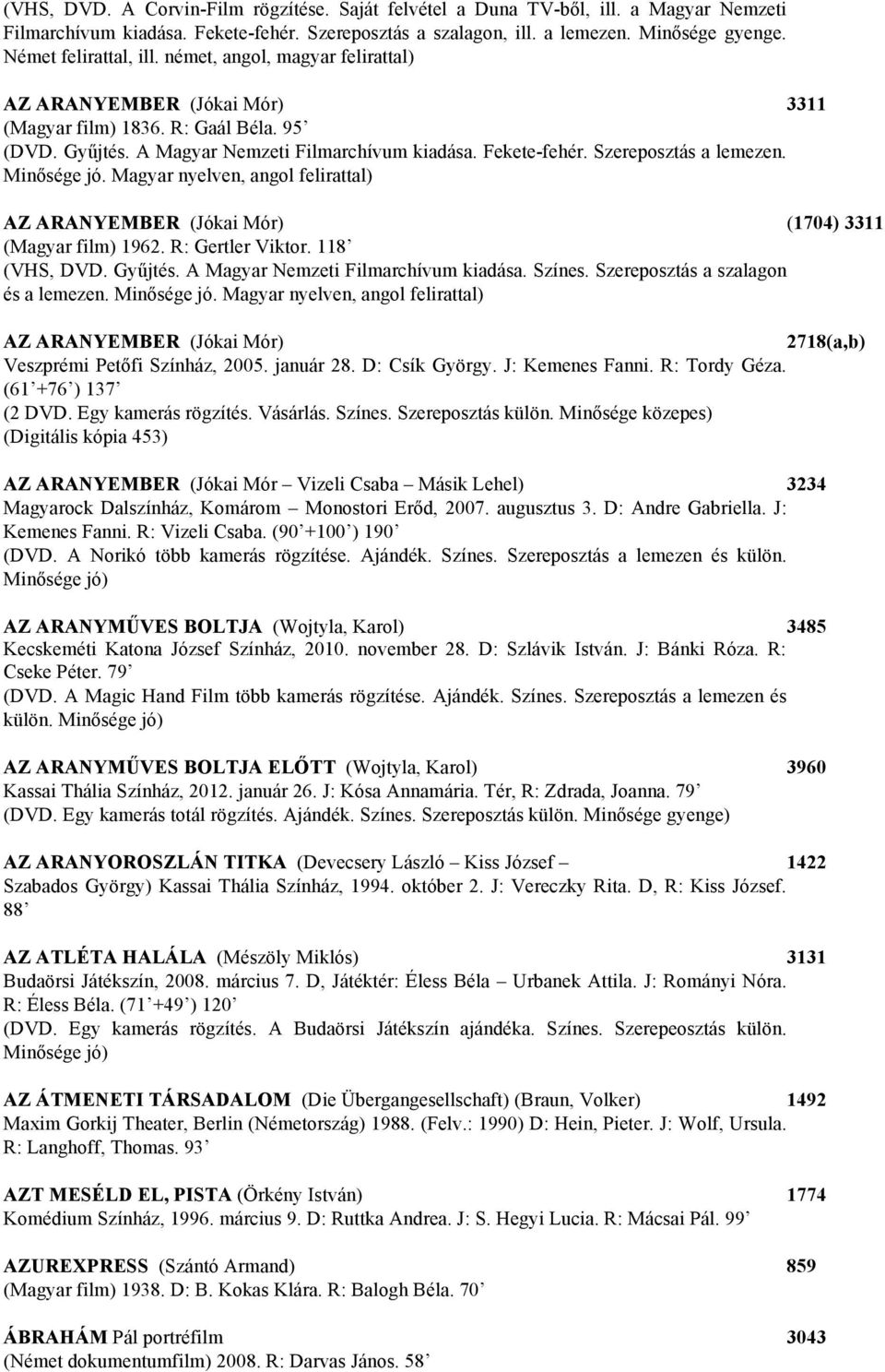 Szereposztás a lemezen. Minősége jó. Magyar nyelven, angol felirattal) AZ ARANYEMBER (Jókai Mór) (1704) 3311 (Magyar film) 1962. R: Gertler Viktor. 118 (VHS, DVD. Gyűjtés.