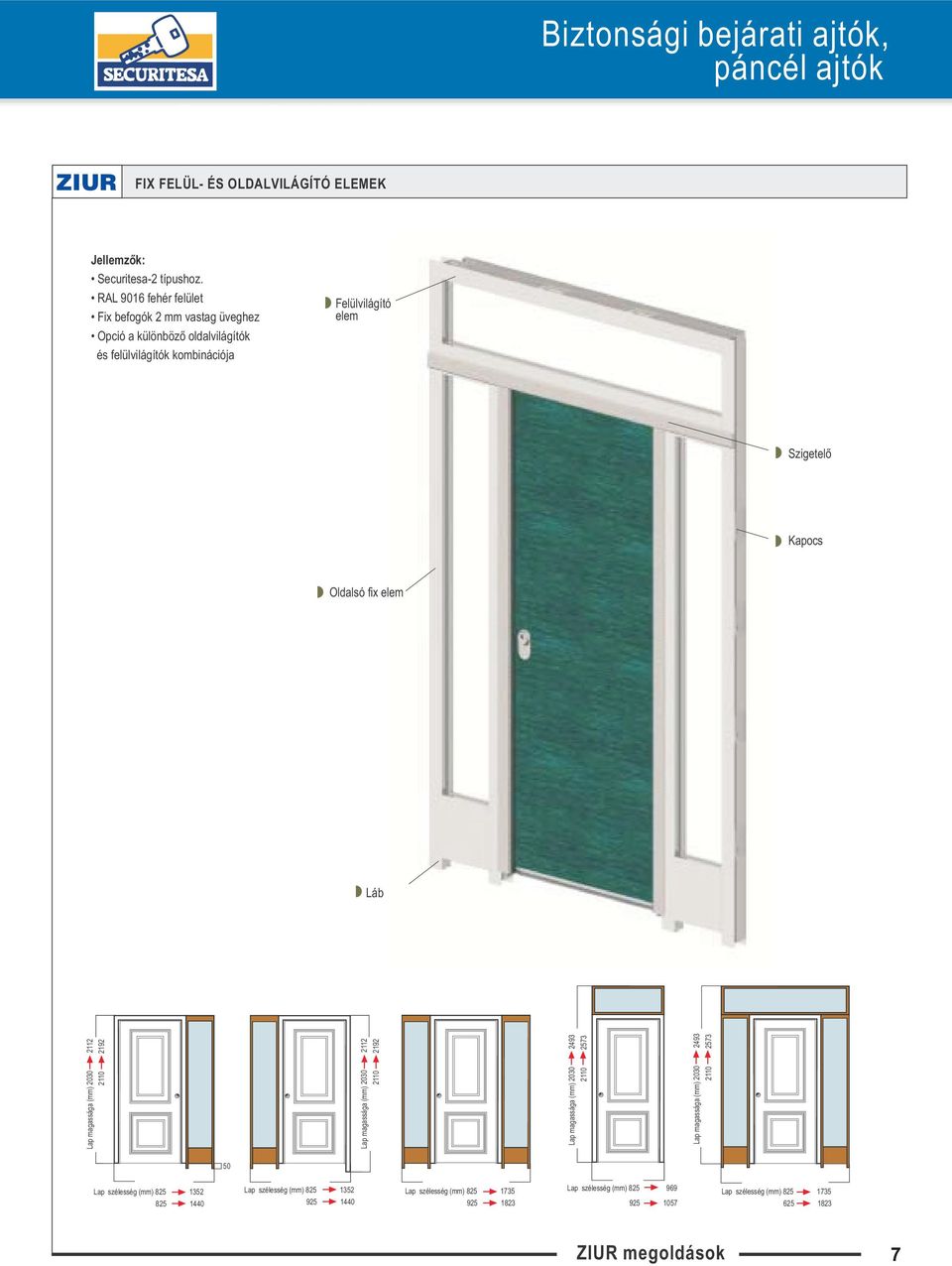 Szigetelõ Kapocs Oldalsó fix elem Láb Lap magassága (mm) 2030 2112 2110 2192 Lap magassága (mm) 2030 2112 2110 2192 Lap magassága (mm) 2030 2493
