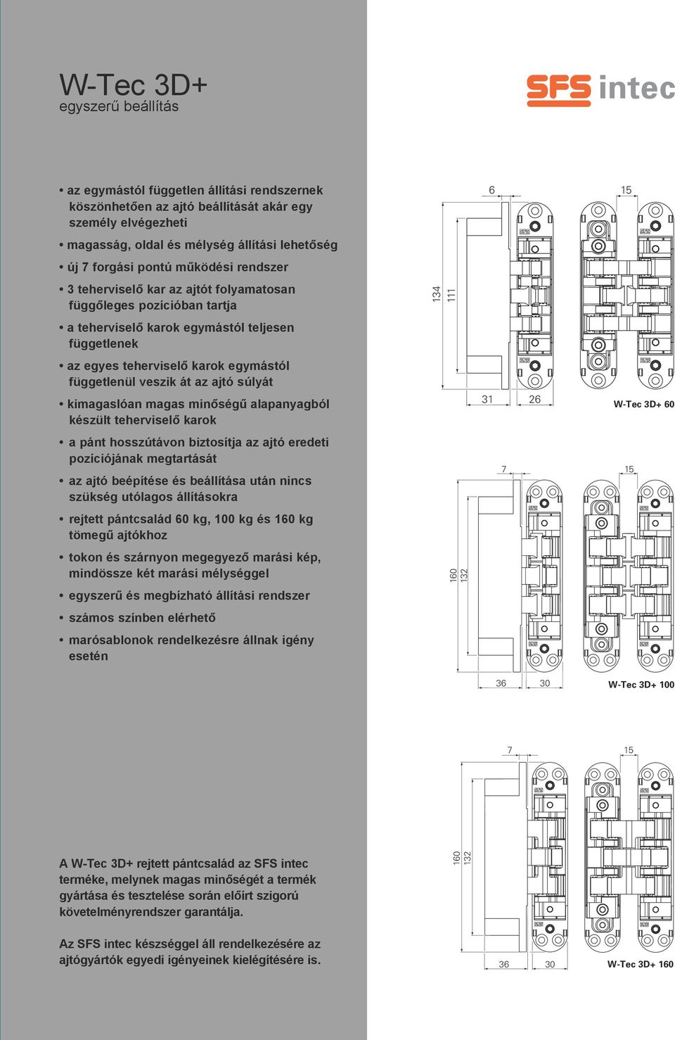 függetlenül veszik át az ajtó súlyát kimagaslóan magas minőségű alapanyagból készült teherviselő karok 31 26 W-Tec 3D+ 60 a pánt hosszútávon biztosítja az ajtó eredeti pozíciójának megtartását az