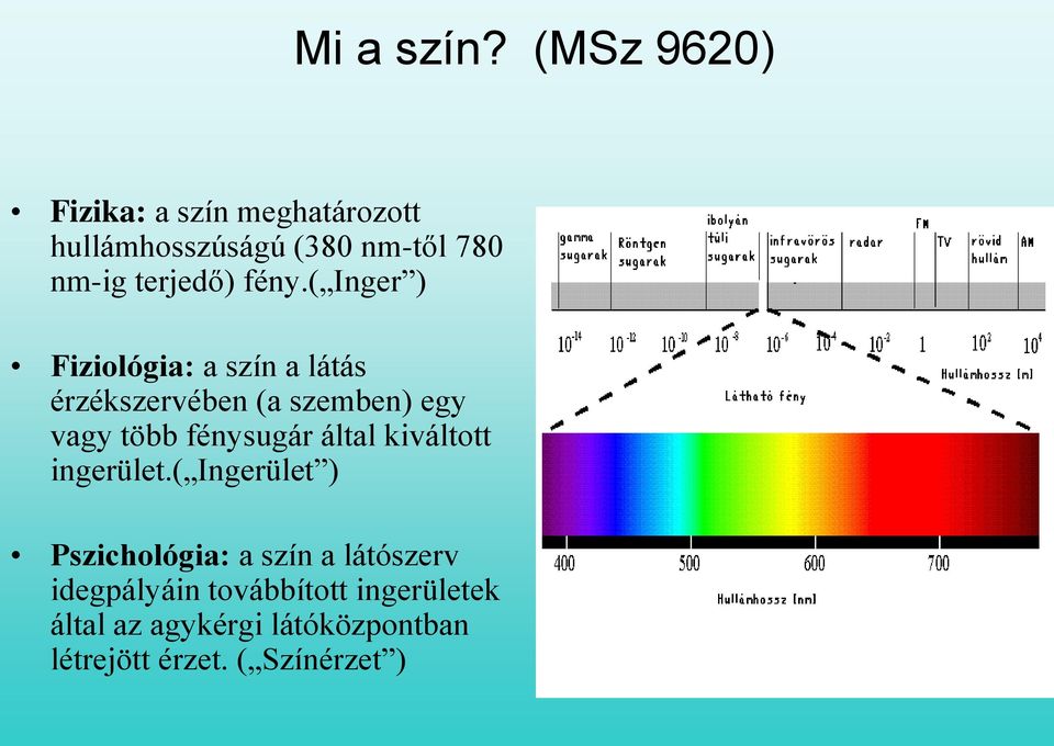 fény.( Inger ) Fiziológia: a szín a látás érzékszervében (a szemben) egy vagy több