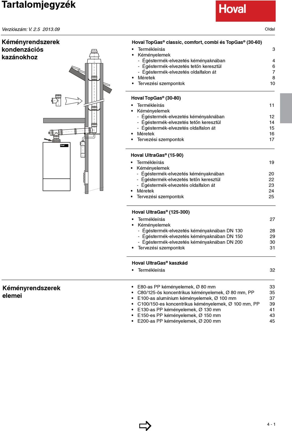 tetőn keresztül 6 - Égéstermék-elvezetés oldalfalon át 7 Méretek 8 Tervezési szempontok 10 Hoval TopGas (30-80) Termékleírás 11 Kéményelemek - Égéstermék-elvezetés kéményaknában 12 -