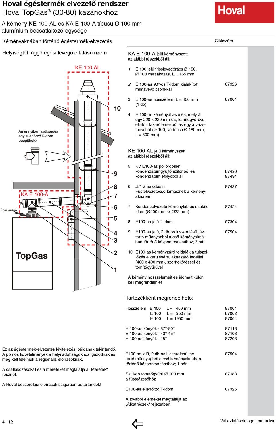 hosszelem, L = 450 mm (1 db) 87326 87061 4 E 100-as kéményátvezetés, mely áll egy 220 x 220 mm-es, tö mí tõ gyûrûvel ellátott takarólemezbõl és egy átve zetõcsõbõl (Ø 100, védőcső Ø 180 mm, L = 300