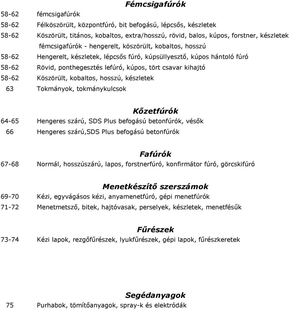 Köszörült, kobaltos, hosszú, készletek 63 Tokmányok, tokmánykulcsok Kőzetfúrók 64-65 Hengeres szárú, SDS Plus befogású betonfúrók, vésők 66 Hengeres szárú,sds Plus befogású betonfúrók Fafúrók 67-68