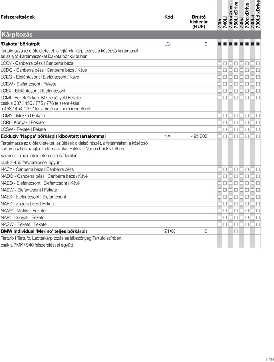 Fekete/fekete M szegéllyel I Fekete csak a 337 / 456 / 775 / 776 felszereléssel a 453 / 454 / 7GZ felszereléssel nem rendelhető LCMY - Mokka I Fekete LCRI - Konyak I Fekete LCSW - Fekete Fekete