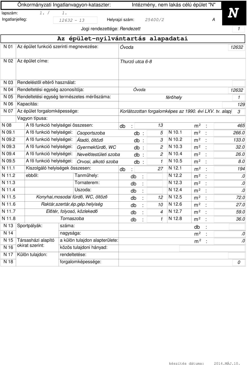 Rendeléstől eltérő használat: N 04 Rendeltetési egység azonosítója: Rendeltetési egység természetes mérőszáma: Kapacitás: Az épület forgalomképessége: N 08 A fő funkció helyiségei összesen: db : 465