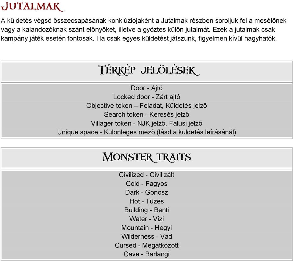 Térkép jelölések Door - Ajtó Locked door - Zárt ajtó Objective token Feladat, Küldetés jelző Search token - Keresés jelző Villager token - NJK jelző, Falusi jelző Unique