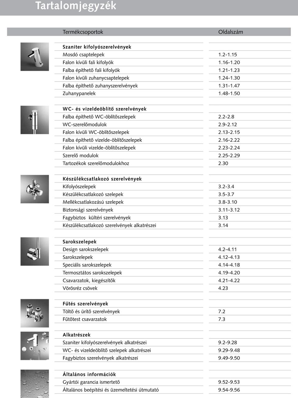 8 WC-szerelőmodulok 2.9-2.12 Falon kívüli WC-öblítőszelepek 2.13-2.15 Falba építhető vizelde-öblítőszelepek 2.16-2.22 Falon kívüli vizelde-öblítőszelepek 2.23-2.24 Szerelő modulok 2.25-2.