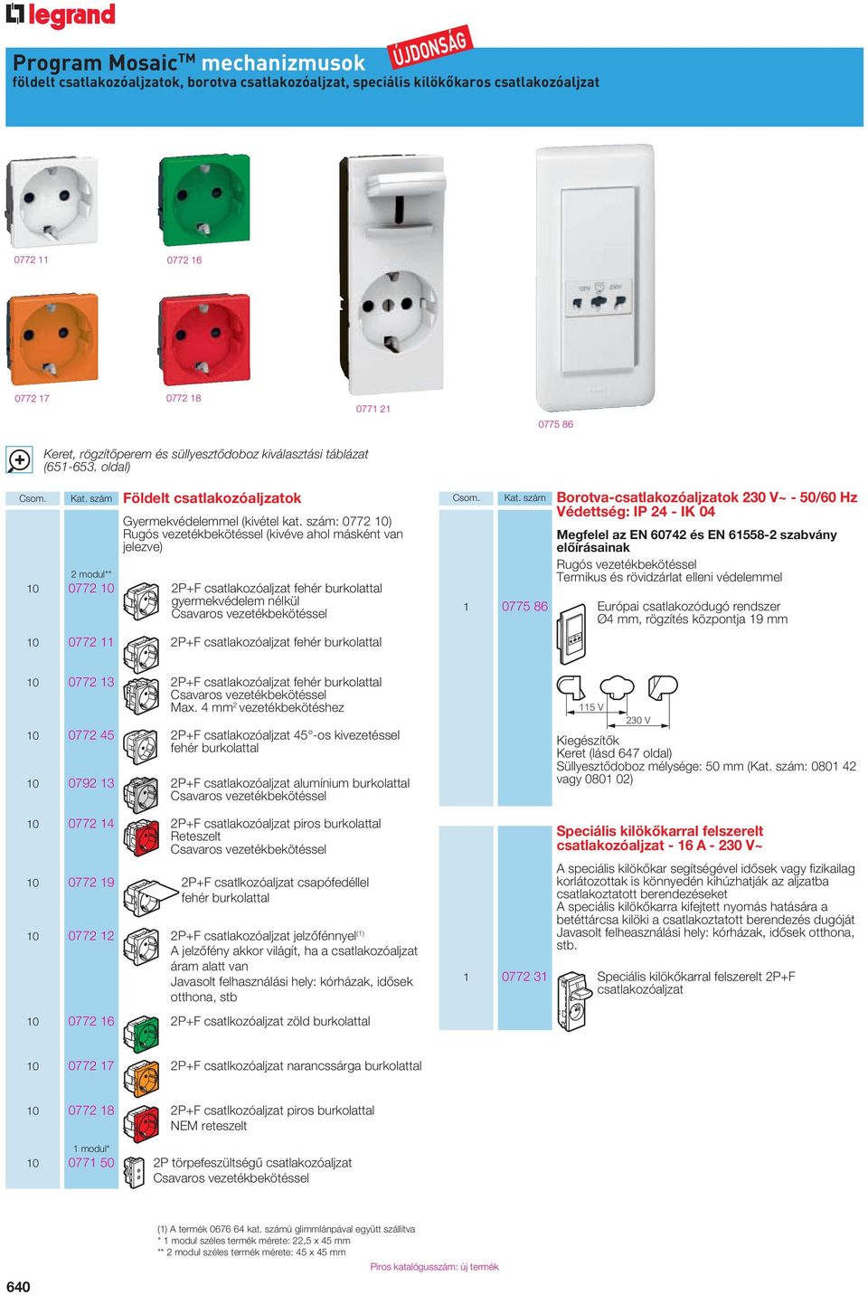 szám: 0772 10) Rugós vezetékbekötéssel (kivéve ahol másként van jelezve) 10 0772 10 2P+F csatlakozóaljzat gyermekvédelem nélkül Csavaros vezetékbekötéssel 10 0772 11 2P+F csatlakozóaljzat Kat.