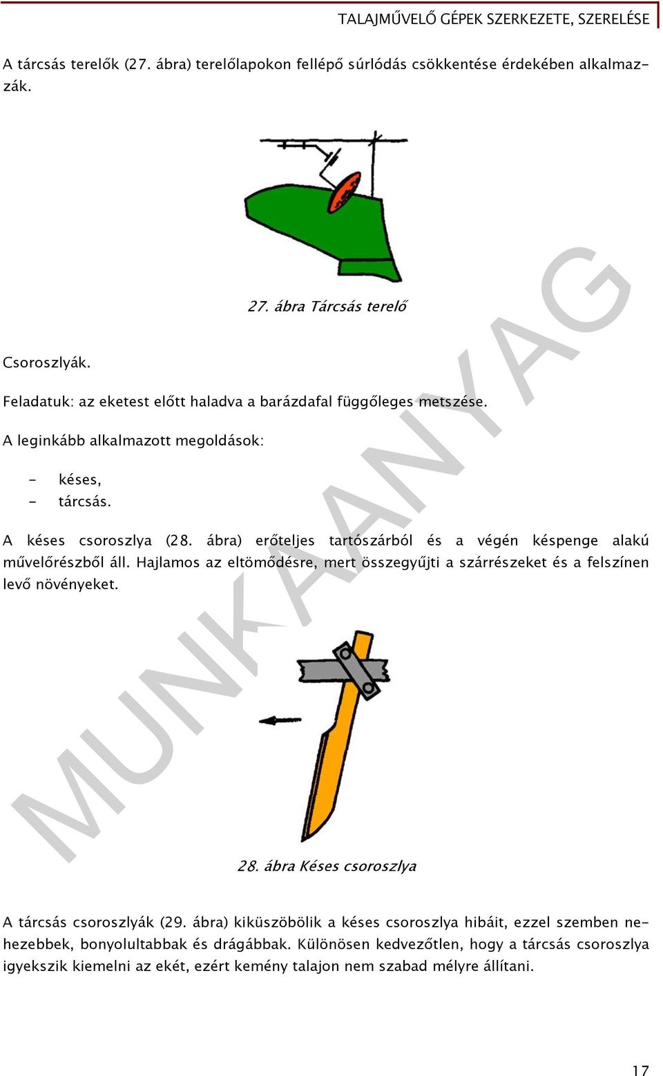 ábra) erőteljes tartószárból és a végén késpenge alakú művelőrészből áll. Hajlamos az eltömődésre, mert összegyűjti a szárrészeket és a felszínen levő növényeket. 28.