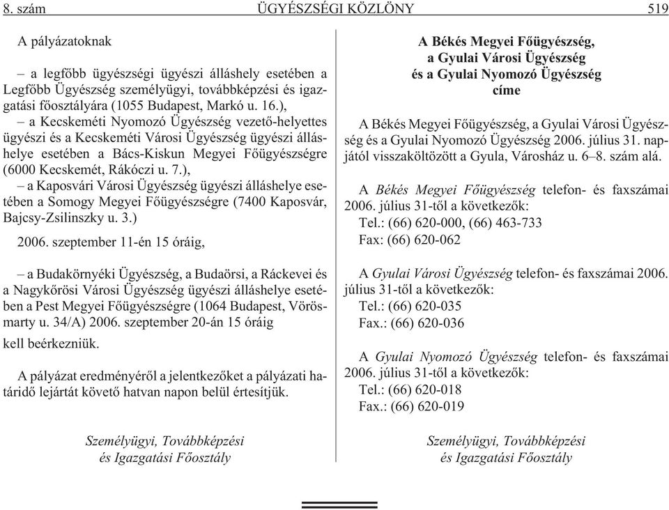 ), a Kaposvári Városi Ügyészség ügyészi álláshelye esetében a Somogy Megyei Fõügyészségre (7400 Kaposvár, Bajcsy-Zsilinszky u. 3.) 2006.