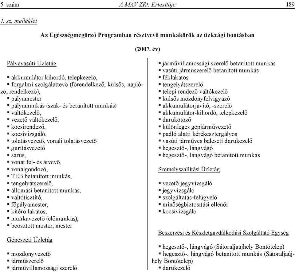 váltókezelő, kocsirendező, kocsivizsgáló, tolatásvezető, vonali tolatásvezető gurításvezető sarus, vonat fel- és átvevő, vonalgondozó, TEB betanított munkás, tengelyátszerelő, állomási betanított