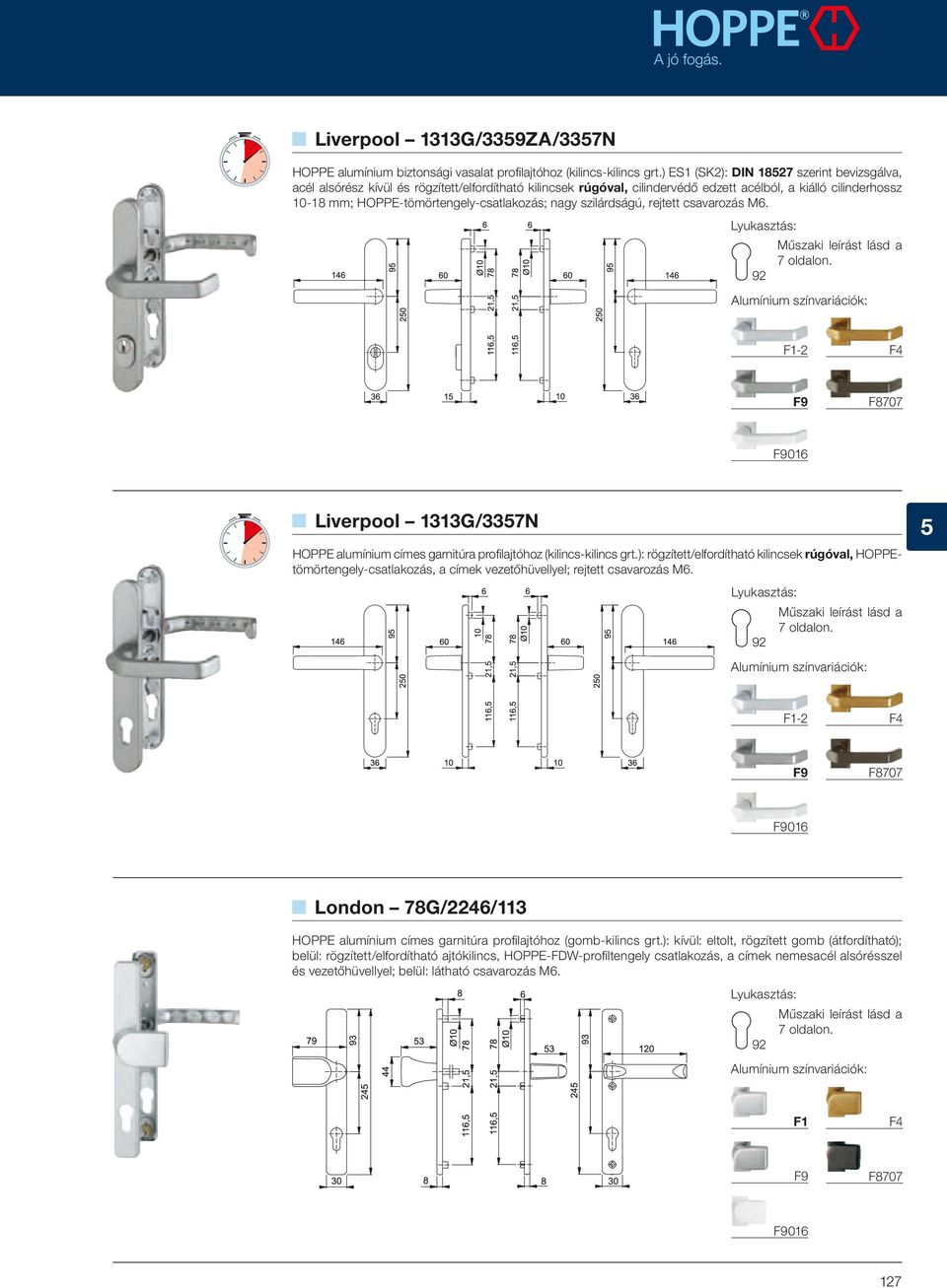 HOPPE-tömörtengely-csatlakozás; nagy szilárdságú, rejtett csavarozás M6. -2 F4 F8707 016 Liverpool 1313G/3357N HOPPE alumínium címes garnitúra profilajtóhoz (kilincs-kilincs grt.