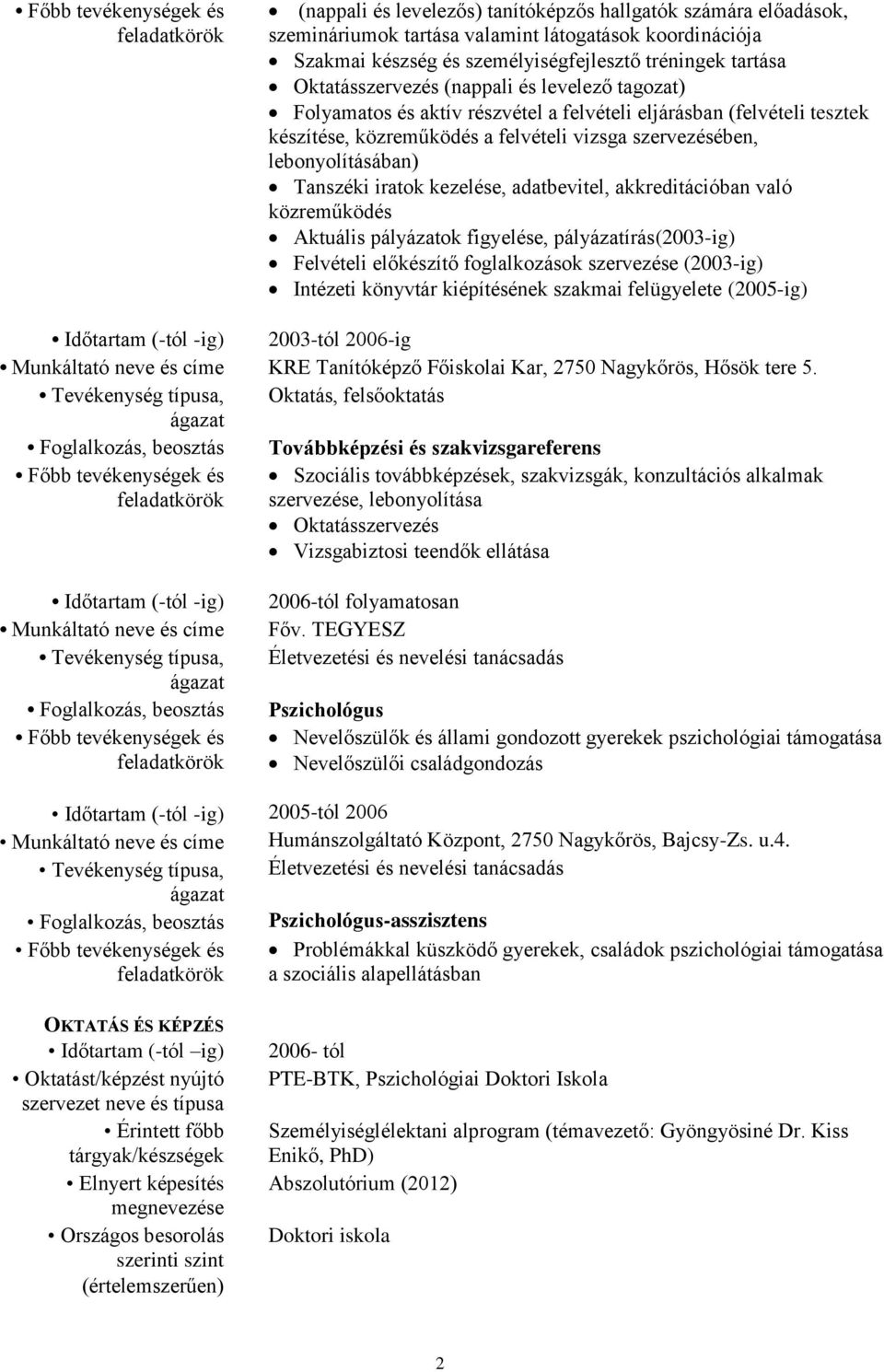 kezelése, adatbevitel, akkreditációban való közreműködés Aktuális pályázatok figyelése, pályázatírás(2003-ig) Felvételi előkészítő foglalkozások szervezése (2003-ig) Intézeti könyvtár kiépítésének