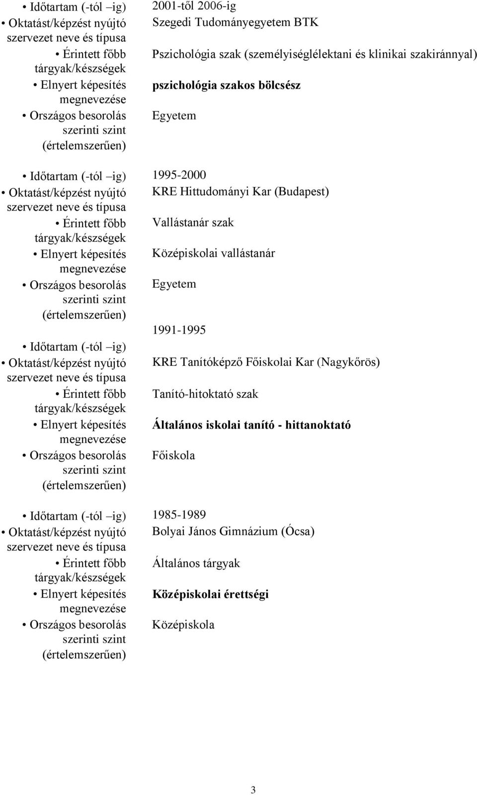 besorolás Egyetem 1991-1995 Oktatást/képzést nyújtó KRE Tanítóképző Főiskolai Kar (Nagykőrös) Érintett főbb Tanító-hitoktató szak Elnyert képesítés Általános iskolai tanító - hittanoktató