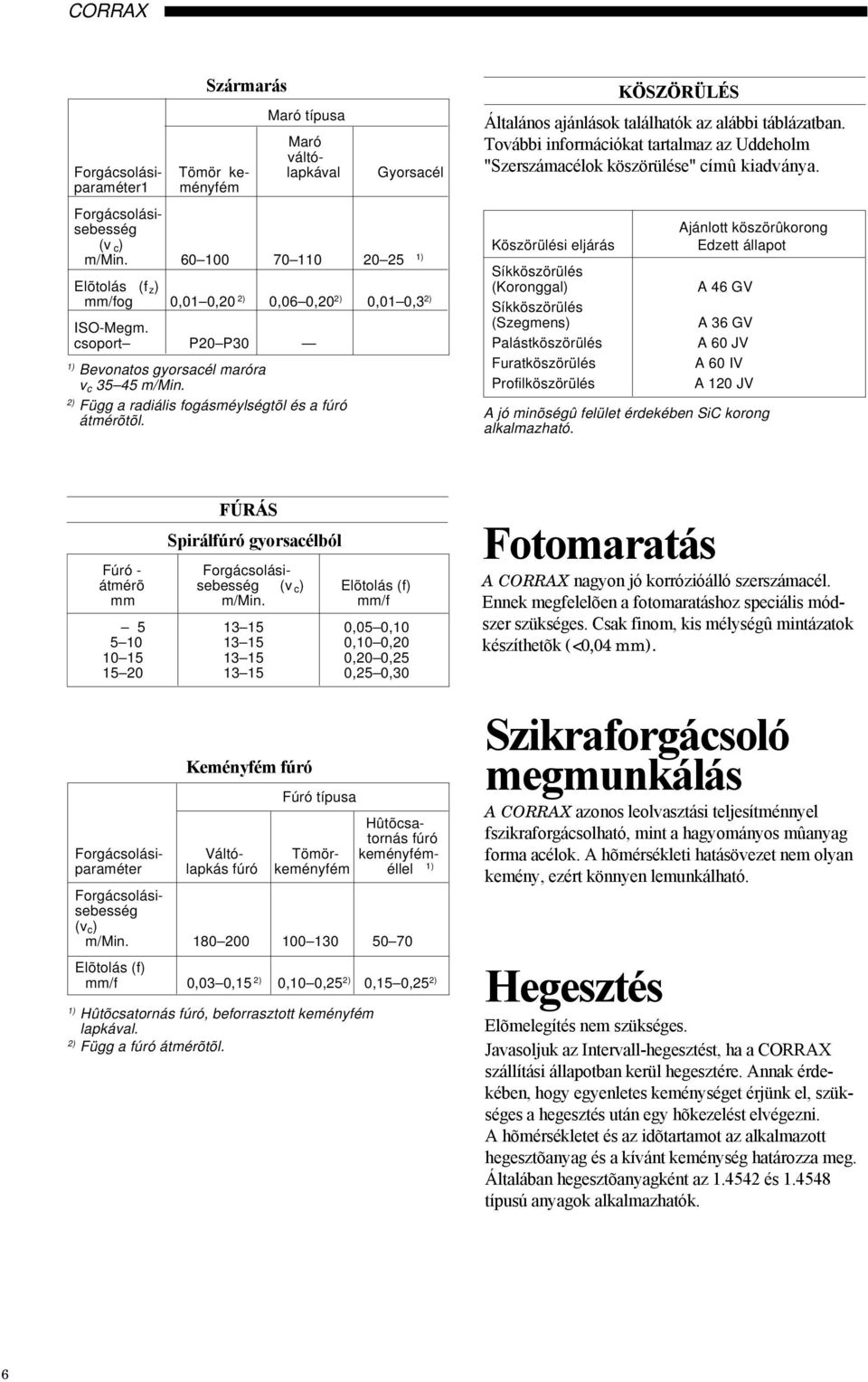 2) Függ a radiális fogásméylségtõl és a fúró átmérõtõl. KÖSZÖRÜLÉS Általános ajánlások találhatók az alábbi táblázatban.