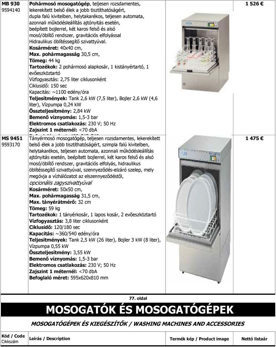 pohármagasság 30,5 cm, Tömeg: 44 kg Tartozékok: 2 pohármosó alapkosár, 1 kistányértartó, 1 evőeszköztartó Vízfogyasztás: 2,75 liter ciklusonként Ciklusidő: 150 sec Kapacitás: ~1100 edény/óra
