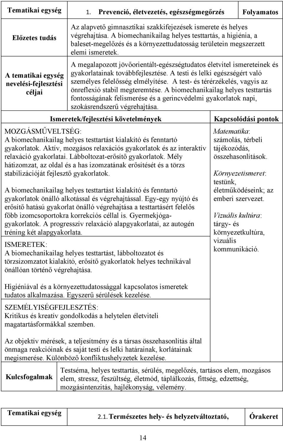 A megalapozott jövőorientált-egészségtudatos életvitel ismereteinek és gyakorlatainak továbbfejlesztése. A testi és lelki egészségért való személyes felelősség elmélyítése.