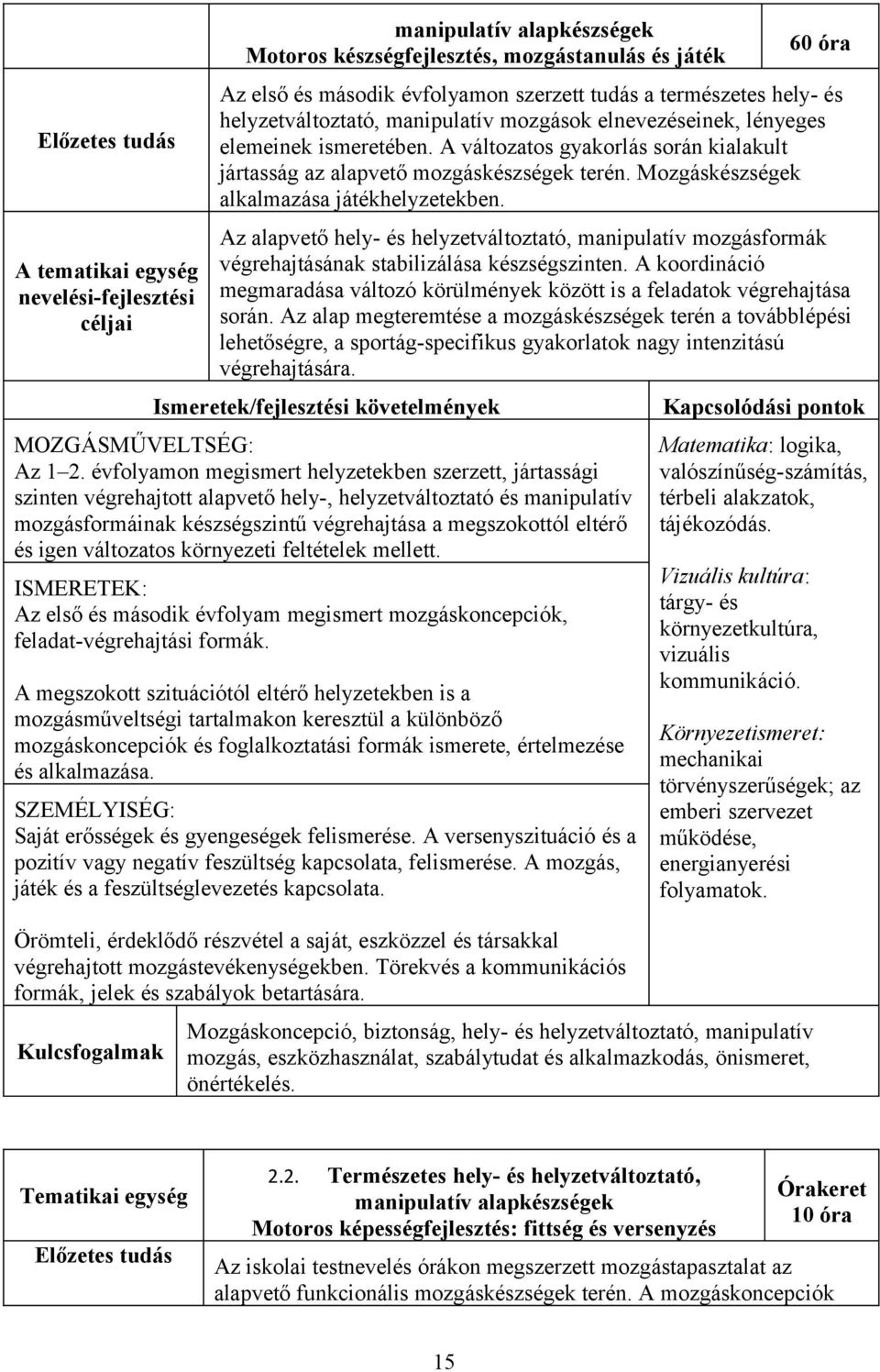 Mozgáskészségek alkalmazása játékhelyzetekben. Az alapvető hely- és helyzetváltoztató, manipulatív mozgásformák végrehajtásának stabilizálása készségszinten.