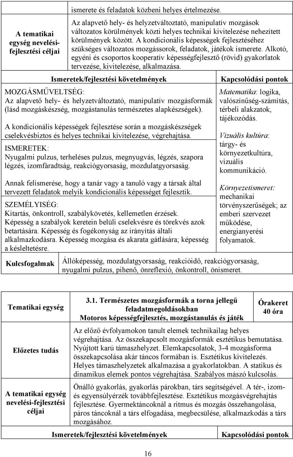 A kondicionális képességek fejlesztéséhez szükséges változatos mozgássorok, feladatok, játékok ismerete.
