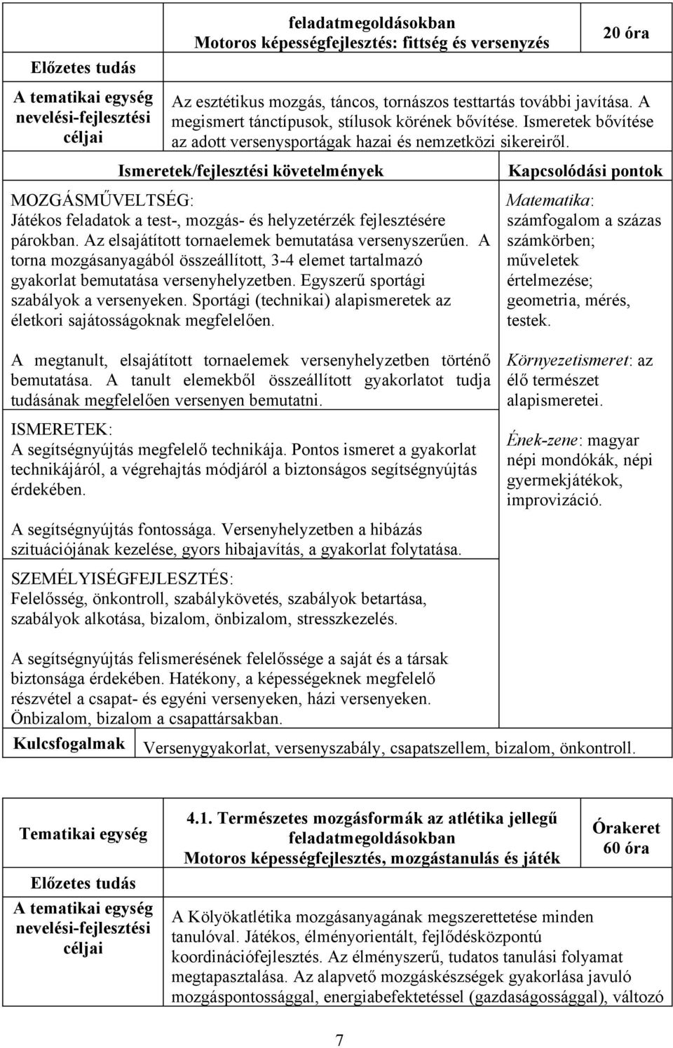 Játékos feladatok a test-, mozgás- és helyzetérzék fejlesztésére párokban. Az elsajátított tornaelemek bemutatása versenyszerűen.