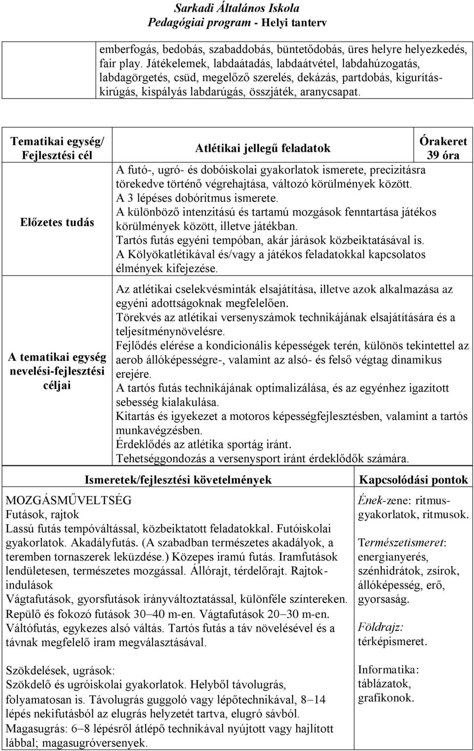 Tematikai egység/ Fejlesztési cél Előzetes tudás A tematikai egység nevelési-fejlesztési céljai Órakeret Atlétikai jellegű feladatok 39 óra A futó-, ugró- és dobóiskolai gyakorlatok ismerete,