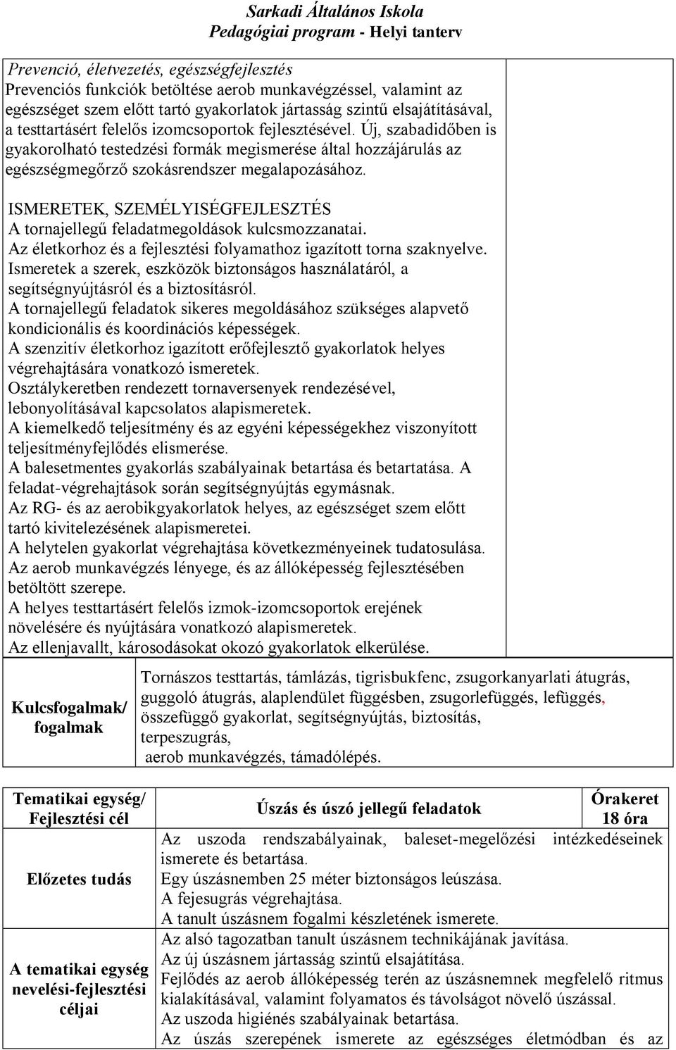 ISMERETEK, SZEMÉLYISÉGFEJLESZTÉS A tornajellegű feladatmegoldások kulcsmozzanatai. Az életkorhoz és a fejlesztési folyamathoz igazított torna szaknyelve.