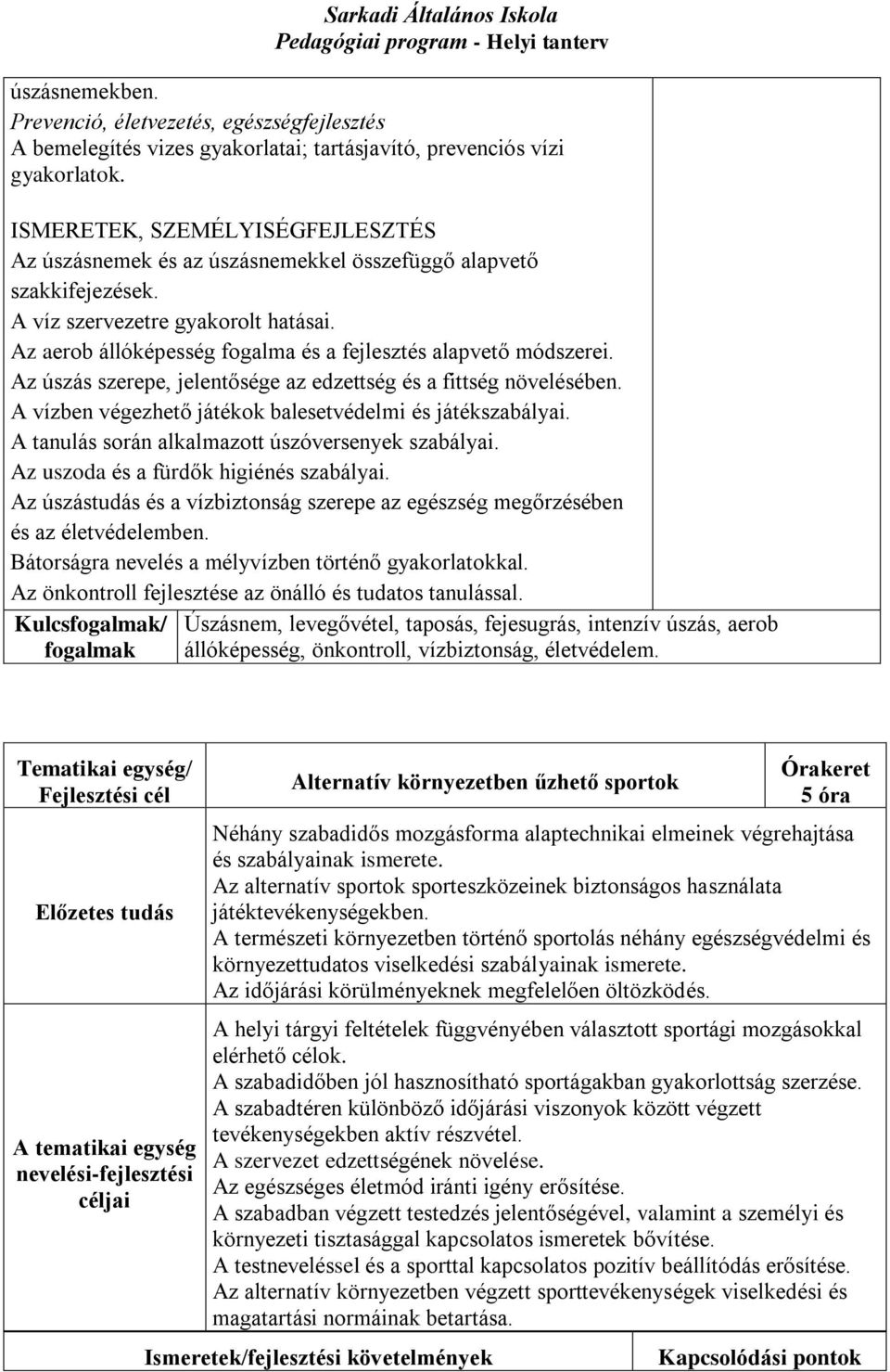 Az aerob állóképesség fogalma és a fejlesztés alapvető módszerei. Az úszás szerepe, jelentősége az edzettség és a fittség növelésében. A vízben végezhető játékok balesetvédelmi és játékszabályai.