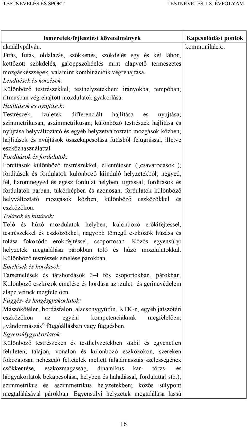 Lendítések és körzések: Különböző testrészekkel; testhelyzetekben; irányokba; tempóban; ritmusban végrehajtott mozdulatok gyakorlása.