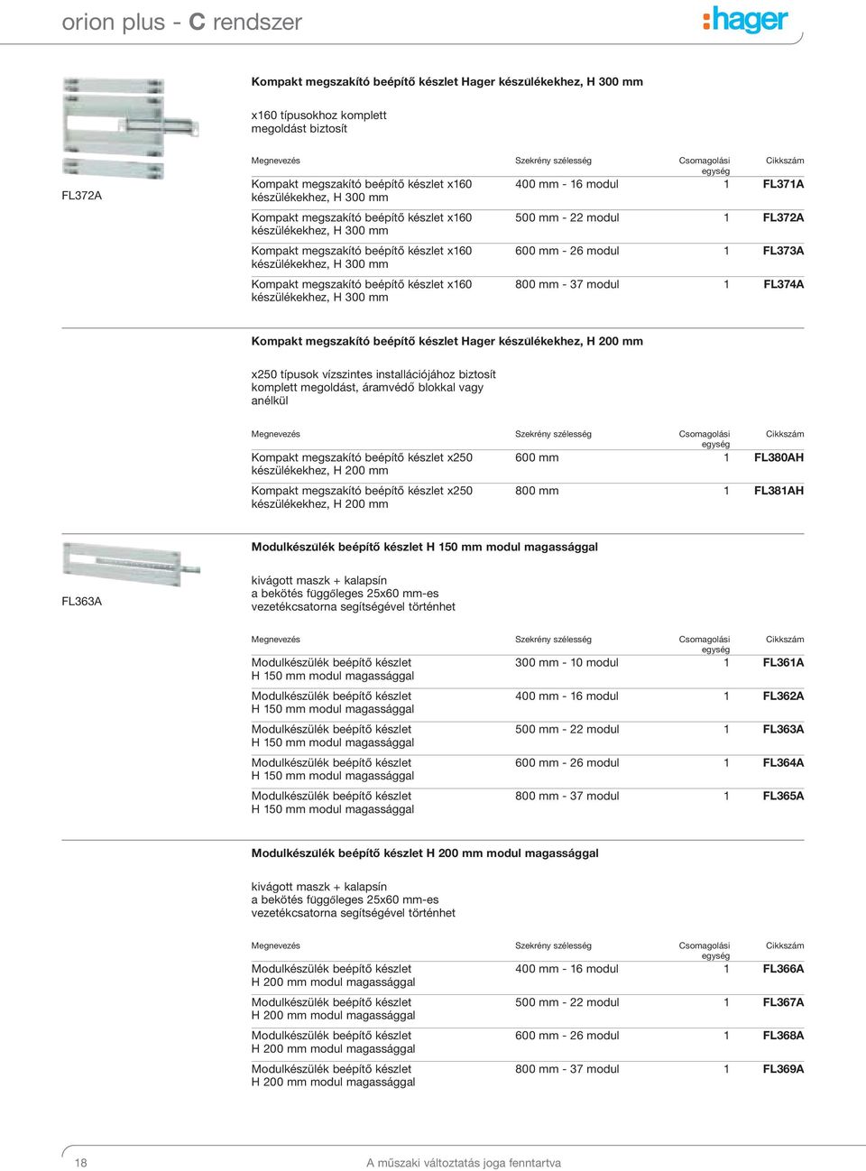 készülékekhez, H 300 mm Kompakt megszakító beépítő készlet x160 készülékekhez, H 300 mm 800 mm - 37 modul 1 FL374A Kompakt megszakító beépítő készlet Hager készu lékekhez, H 200 mm x250 típusok