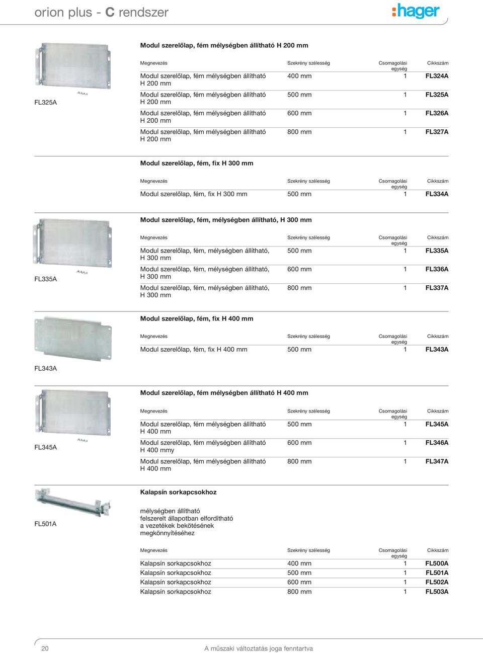 szerelőlap, fém, fix H 300 mm 500 mm 1 FL334A Modul szerelőlap, fém, mélységben állítható, H 300 mm FL335A Modul szerelőlap, fém, mélységben állítható, 500 mm 1 FL335A H 300 mm Modul szerelőlap, fém,