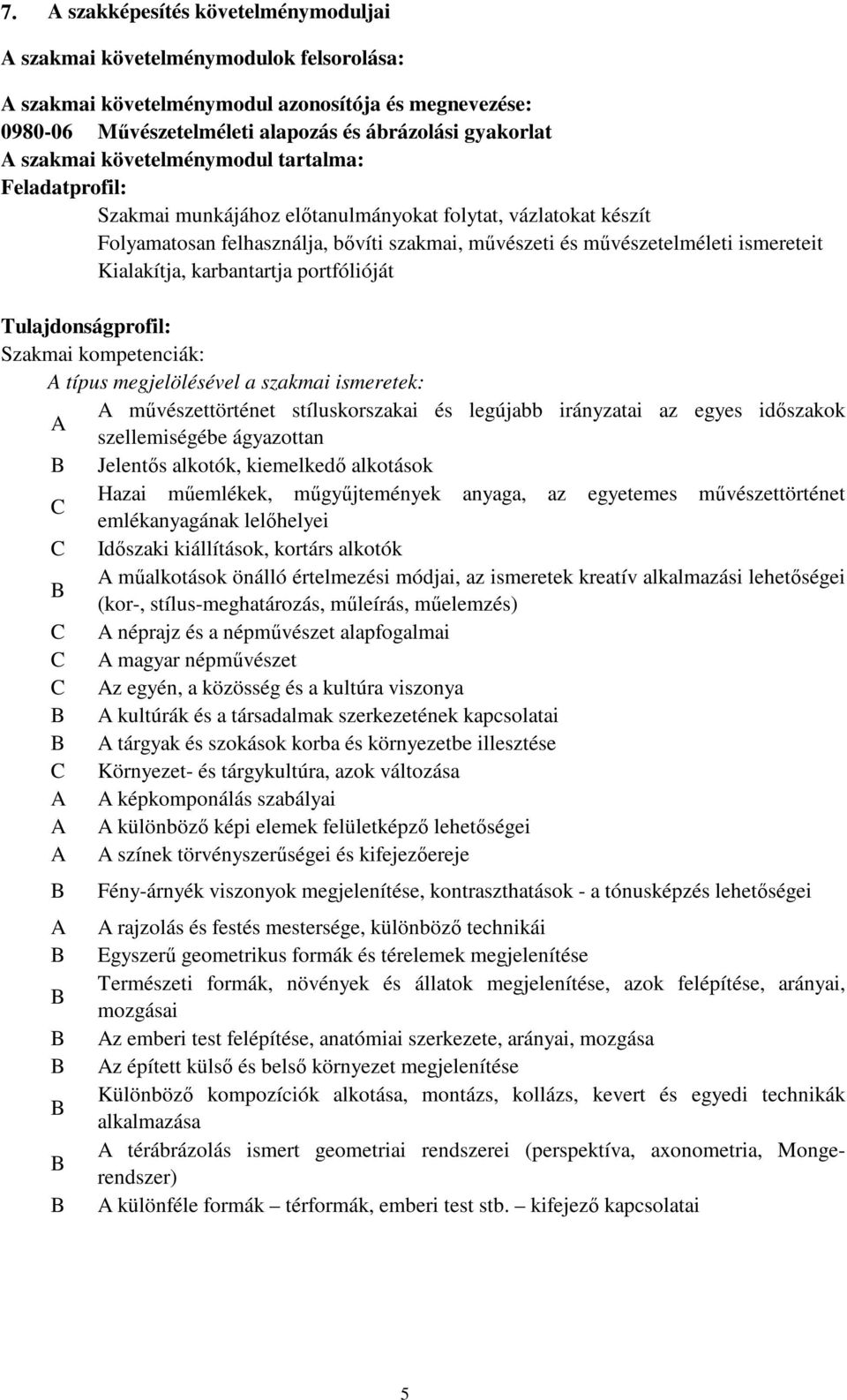 Kialakítja, karbantartja portfólióját Tulajdonságprofil: Szakmai kompetenciák: A típus megjelölésével a szakmai ismeretek: A művészettörténet stíluskorszakai és legújabb irányzatai az egyes időszakok