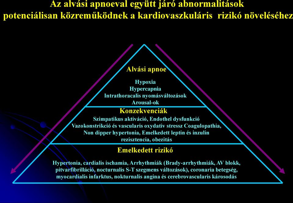 Coagulopathia, Non dipper hypertonia, Emelkedett leptin és inzulin rezisztencia, obezitás Emelkedett rizikó Hypertonia, cardialis ischamia, Arrhythmiák