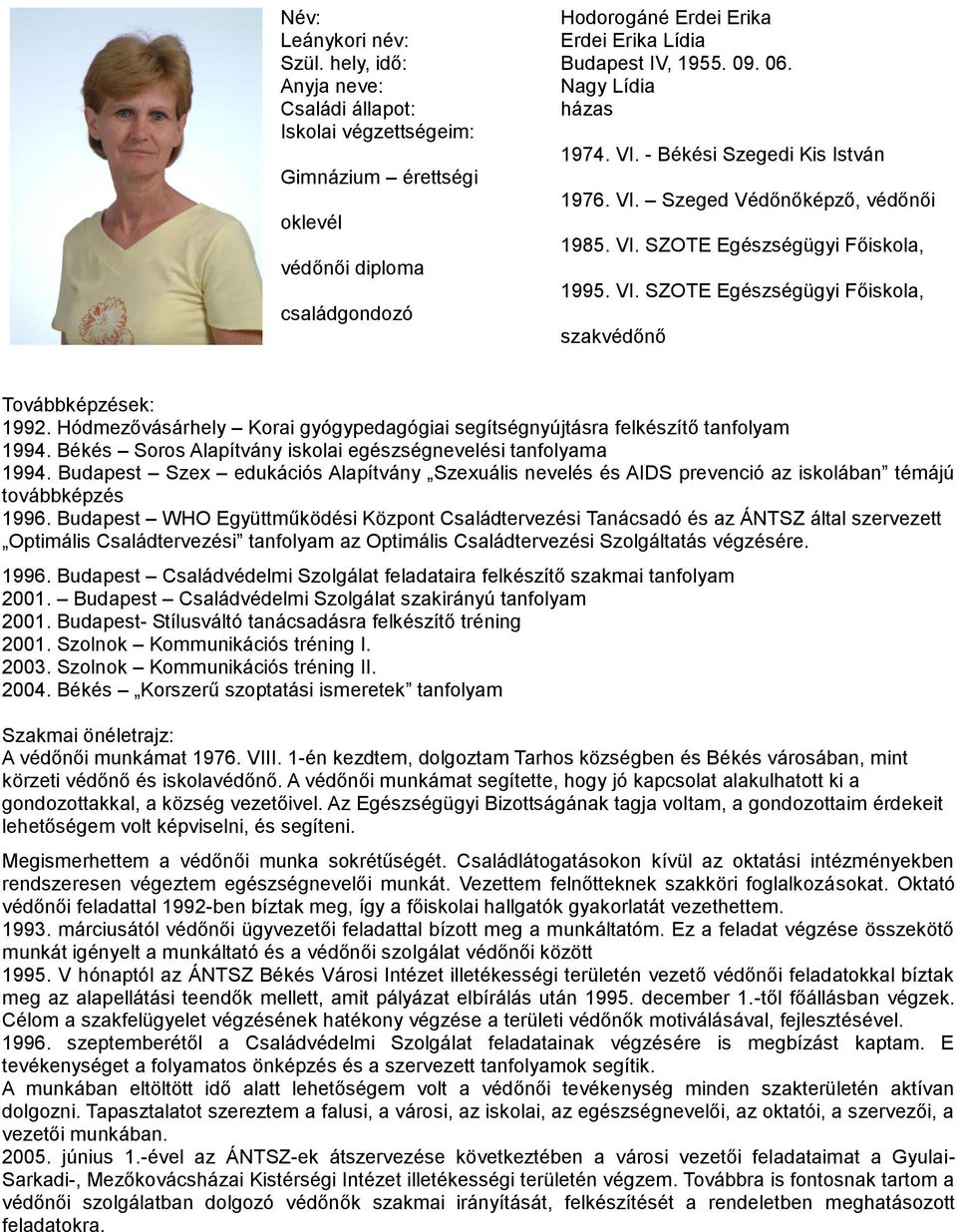 Hódmezővásárhely Korai gyógypedagógiai segítségnyújtásra felkészítő tanfolyam 1994. Békés Soros Alapítvány iskolai egészségnevelési tanfolyama 1994.