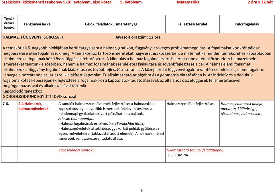 A témakörhöz tartozó ismereteket nagyrészt eszközszerűen, a matematika minden témaköréhez kapcsolódóan alkalmazzuk a fogalmak közti összefüggések feltárásakor.