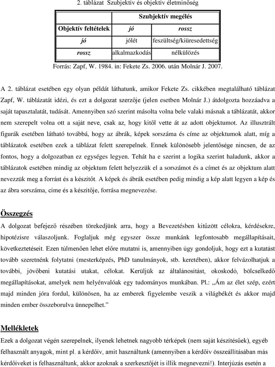 táblázatát idézi, és ezt a dolgozat szerzője (jelen esetben Molnár J.) átdolgozta hozzáadva a saját tapasztalatát, tudását.