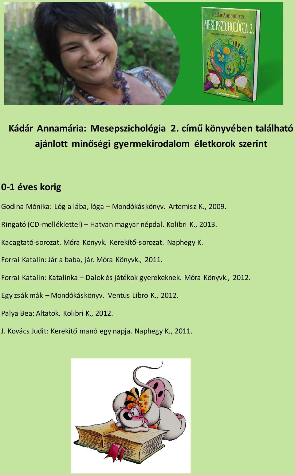 , 2009. Ringató (CD-melléklettel) Hatvan magyar népdal. Kolibri K., 2013. Kacagtató-sorozat. Móra Könyvk. Kerekítő-sorozat. Naphegy K.