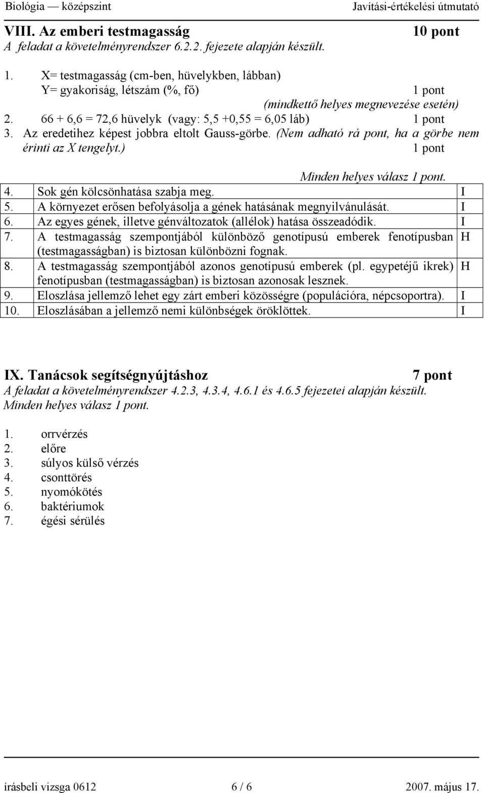 Az eredetihez képest jobbra eltolt Gauss-görbe. (Nem adható rá pont, ha a görbe nem érinti az X tengelyt.) Minden helyes válasz. 4. Sok gén kölcsönhatása szabja meg. I 5.