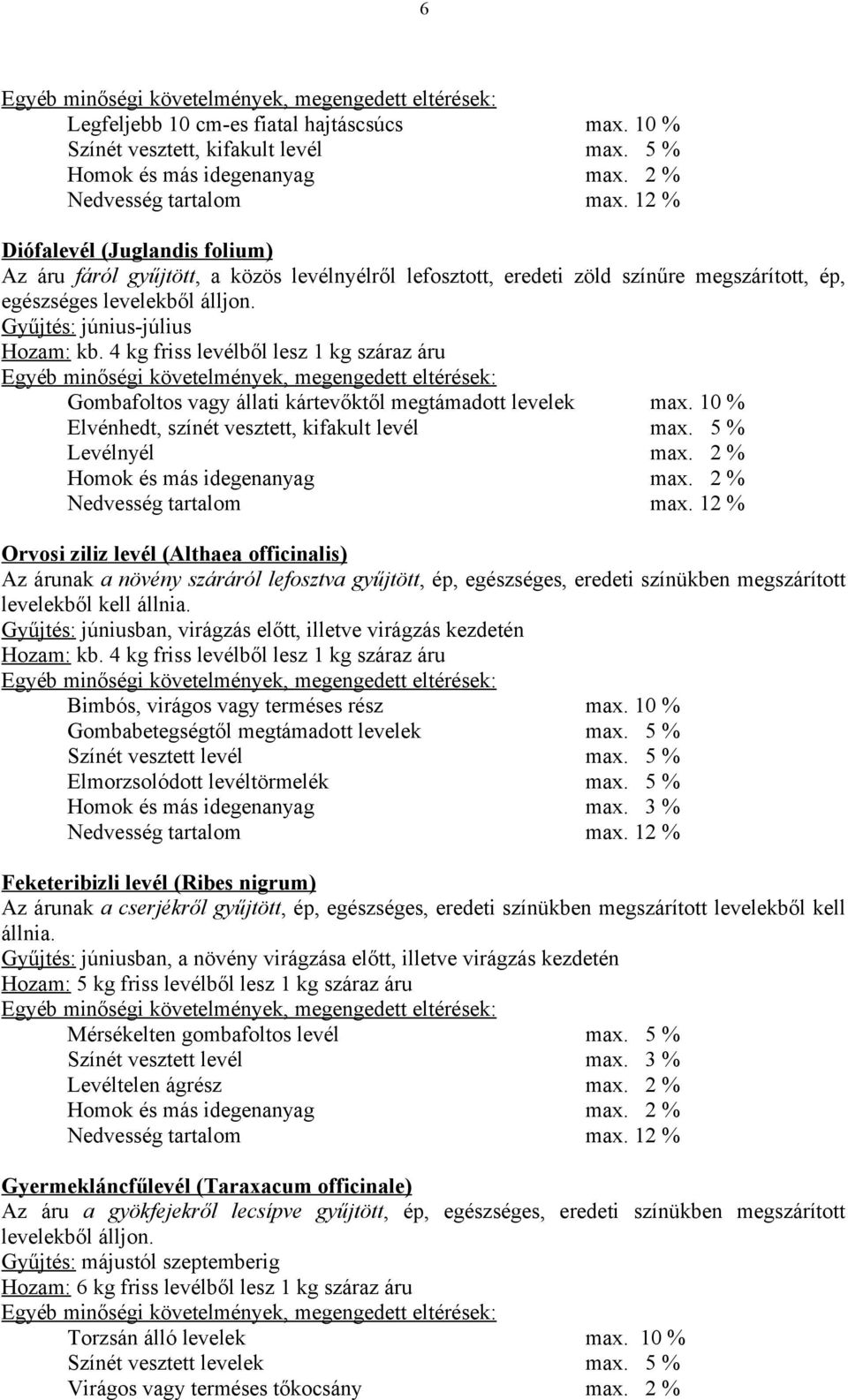 4 kg friss levélből lesz 1 kg száraz áru Gombafoltos vagy állati kártevőktől megtámadott levelek max. 10 % Elvénhedt, színét vesztett, kifakult levél max. 5 % Levélnyél max.