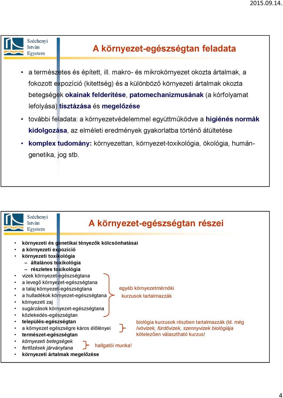 tisztázása és megelőzése további feladata: a környezetvédelemmel együttműködve a higiénés normák kidolgozása, az elméleti eredmények gyakorlatba történő átültetése komplex tudomány: környezettan,