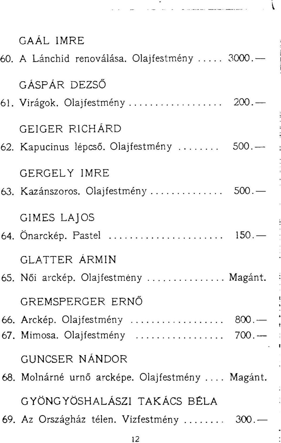 GLATTER ÁRMIN 65. Női arckép. Olajfestmény Magánt. GREMSPERGER ERNŐ 66. Arckép. Olajfestmény 800. 67. Mimosa. Olajfestmény 700.