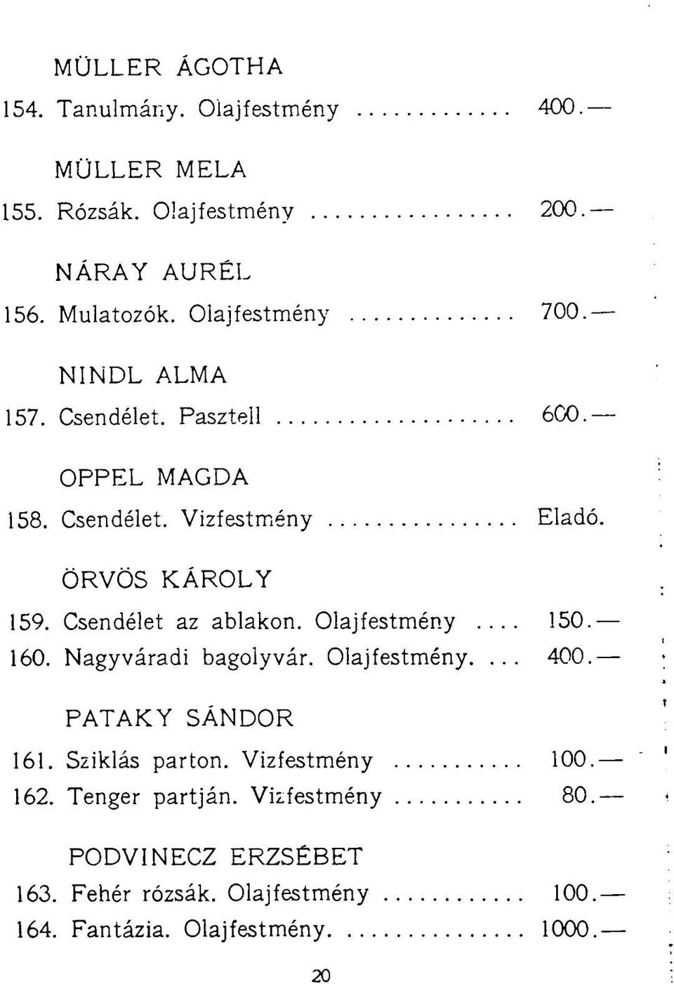 Csendélet az ablakon. Olajfestmény... 150. 160. Nagyváradi bagolyvár. Olajfestmény.... 400. PATAKY SÁNDOR 161. Sziklás parton.